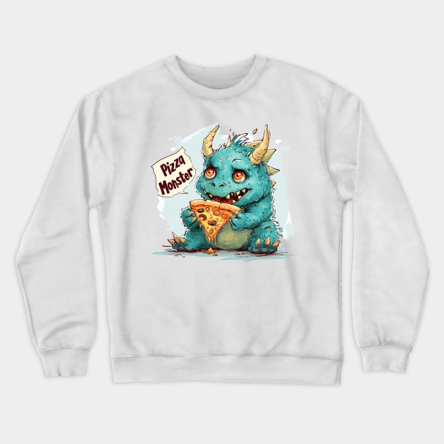Cute Pizza Eating Monster Crewneck Sweatshirt by Obotan Mmienu